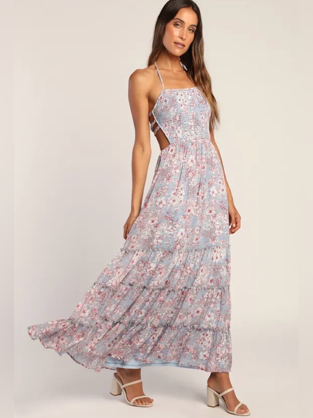 Lulus Best Botanicals Blue Floral Smocked Tiered Backless Maxi Dress
